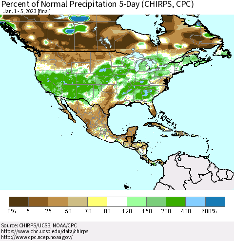 North America Percent of Normal Precipitation 5-Day (CHIRPS) Thematic Map For 1/1/2023 - 1/5/2023