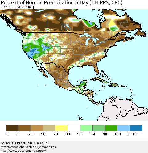 North America Percent of Normal Precipitation 5-Day (CHIRPS) Thematic Map For 1/6/2023 - 1/10/2023