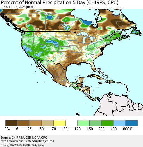 North America Percent of Normal Precipitation 5-Day (CHIRPS) Thematic Map For 1/11/2023 - 1/15/2023