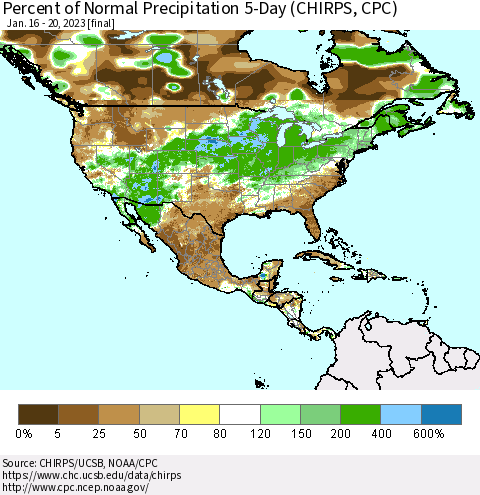 North America Percent of Normal Precipitation 5-Day (CHIRPS) Thematic Map For 1/16/2023 - 1/20/2023