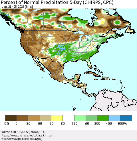 North America Percent of Normal Precipitation 5-Day (CHIRPS) Thematic Map For 1/21/2023 - 1/25/2023
