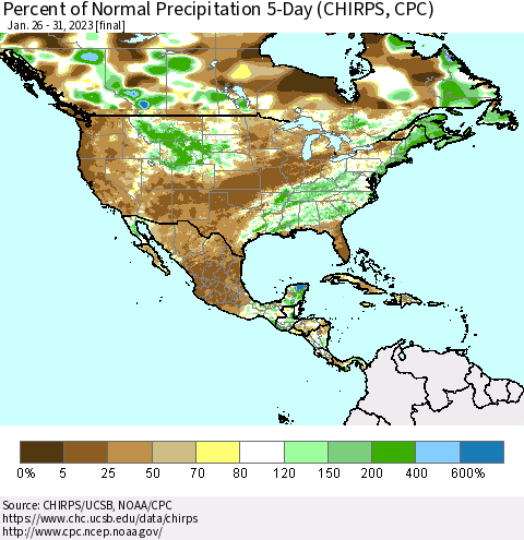 North America Percent of Normal Precipitation 5-Day (CHIRPS) Thematic Map For 1/26/2023 - 1/31/2023