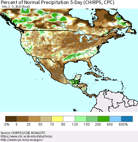 North America Percent of Normal Precipitation 5-Day (CHIRPS) Thematic Map For 2/1/2023 - 2/5/2023