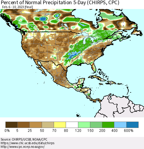 North America Percent of Normal Precipitation 5-Day (CHIRPS) Thematic Map For 2/6/2023 - 2/10/2023