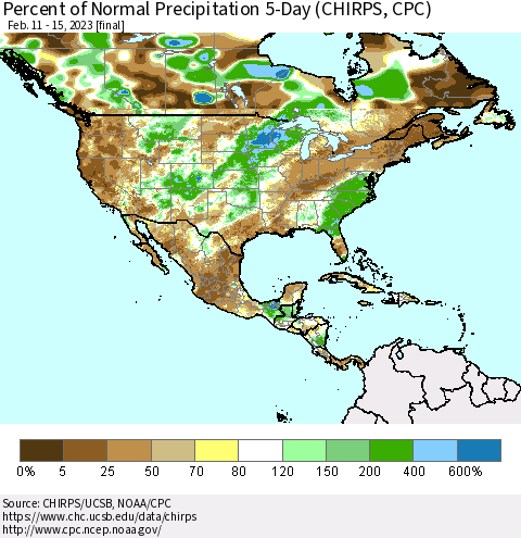 North America Percent of Normal Precipitation 5-Day (CHIRPS) Thematic Map For 2/11/2023 - 2/15/2023