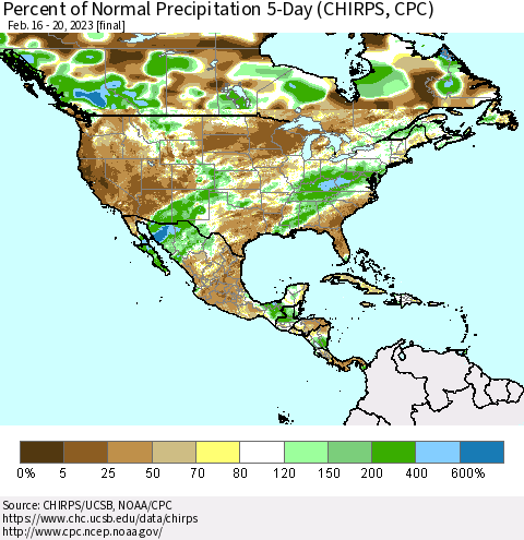 North America Percent of Normal Precipitation 5-Day (CHIRPS) Thematic Map For 2/16/2023 - 2/20/2023