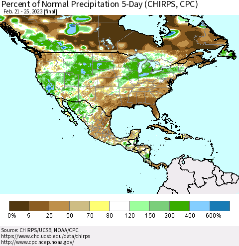 North America Percent of Normal Precipitation 5-Day (CHIRPS) Thematic Map For 2/21/2023 - 2/25/2023