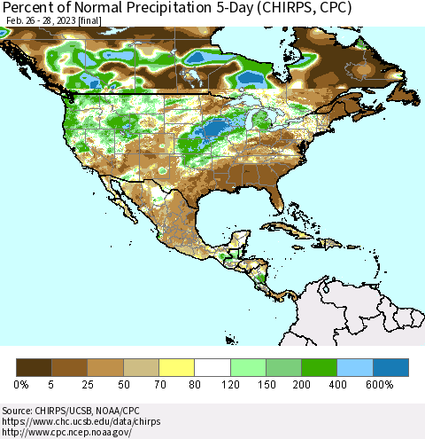 North America Percent of Normal Precipitation 5-Day (CHIRPS) Thematic Map For 2/26/2023 - 2/28/2023