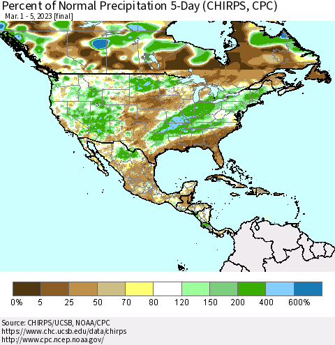 North America Percent of Normal Precipitation 5-Day (CHIRPS) Thematic Map For 3/1/2023 - 3/5/2023