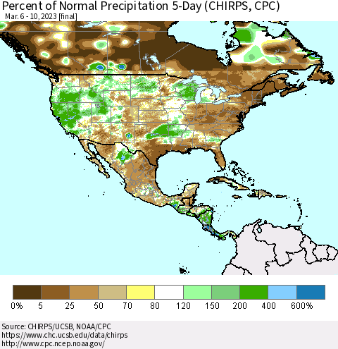 North America Percent of Normal Precipitation 5-Day (CHIRPS) Thematic Map For 3/6/2023 - 3/10/2023