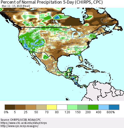 North America Percent of Normal Precipitation 5-Day (CHIRPS) Thematic Map For 3/11/2023 - 3/15/2023