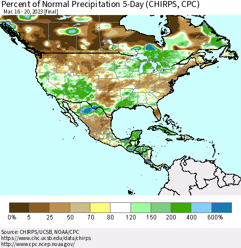 North America Percent of Normal Precipitation 5-Day (CHIRPS) Thematic Map For 3/16/2023 - 3/20/2023