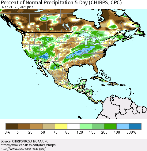 North America Percent of Normal Precipitation 5-Day (CHIRPS) Thematic Map For 3/21/2023 - 3/25/2023