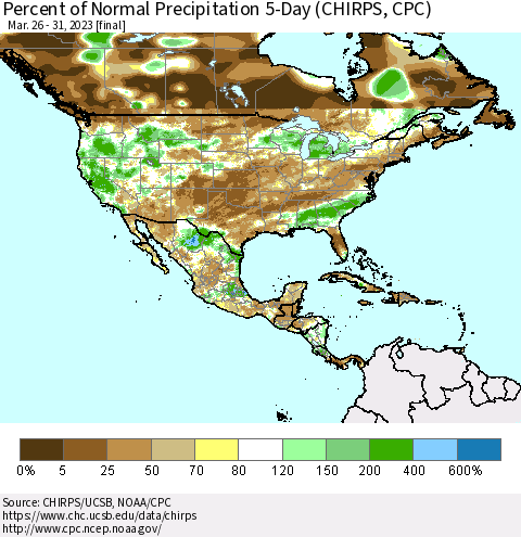North America Percent of Normal Precipitation 5-Day (CHIRPS) Thematic Map For 3/26/2023 - 3/31/2023
