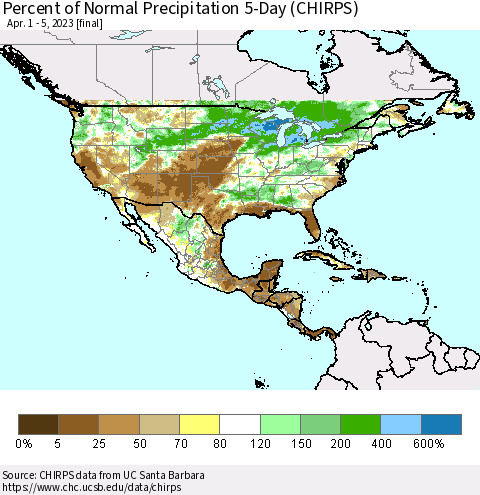North America Percent of Normal Precipitation 5-Day (CHIRPS) Thematic Map For 4/1/2023 - 4/5/2023