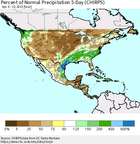 North America Percent of Normal Precipitation 5-Day (CHIRPS) Thematic Map For 4/6/2023 - 4/10/2023