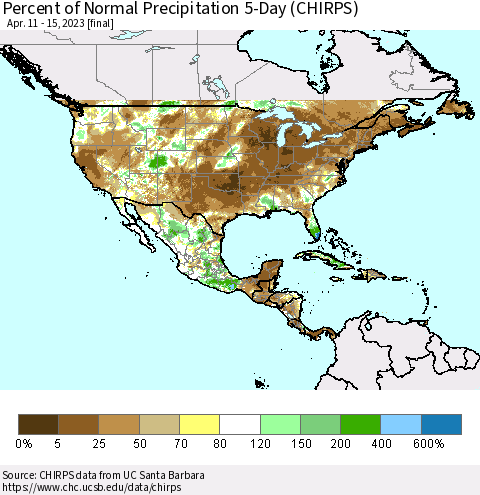 North America Percent of Normal Precipitation 5-Day (CHIRPS) Thematic Map For 4/11/2023 - 4/15/2023