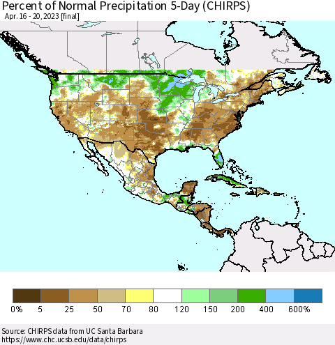 North America Percent of Normal Precipitation 5-Day (CHIRPS) Thematic Map For 4/16/2023 - 4/20/2023