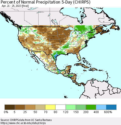 North America Percent of Normal Precipitation 5-Day (CHIRPS) Thematic Map For 4/21/2023 - 4/25/2023