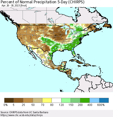 North America Percent of Normal Precipitation 5-Day (CHIRPS) Thematic Map For 4/26/2023 - 4/30/2023