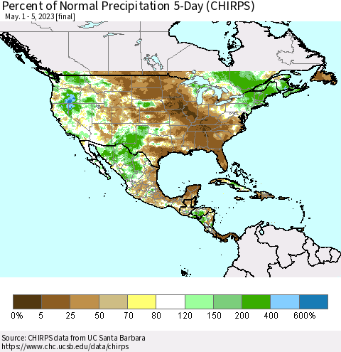 North America Percent of Normal Precipitation 5-Day (CHIRPS) Thematic Map For 5/1/2023 - 5/5/2023