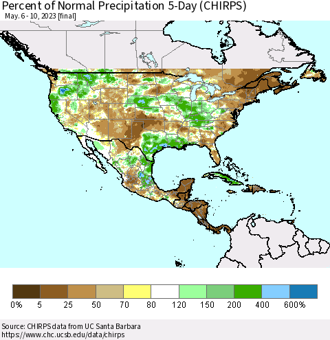 North America Percent of Normal Precipitation 5-Day (CHIRPS) Thematic Map For 5/6/2023 - 5/10/2023