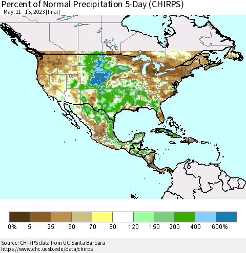 North America Percent of Normal Precipitation 5-Day (CHIRPS) Thematic Map For 5/11/2023 - 5/15/2023