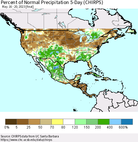 North America Percent of Normal Precipitation 5-Day (CHIRPS) Thematic Map For 5/16/2023 - 5/20/2023