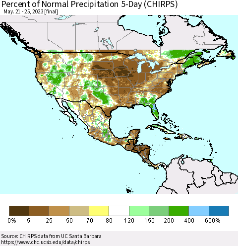 North America Percent of Normal Precipitation 5-Day (CHIRPS) Thematic Map For 5/21/2023 - 5/25/2023