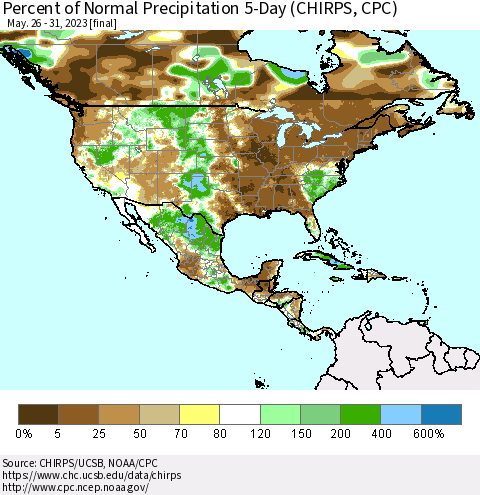 North America Percent of Normal Precipitation 5-Day (CHIRPS) Thematic Map For 5/26/2023 - 5/31/2023