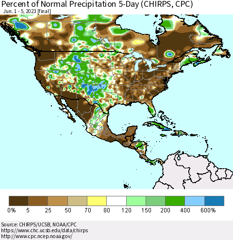 North America Percent of Normal Precipitation 5-Day (CHIRPS) Thematic Map For 6/1/2023 - 6/5/2023