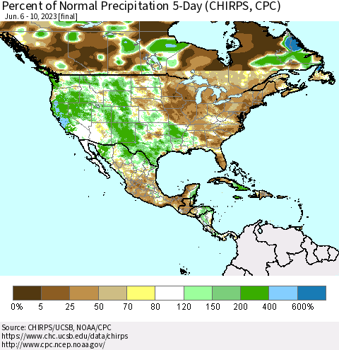 North America Percent of Normal Precipitation 5-Day (CHIRPS) Thematic Map For 6/6/2023 - 6/10/2023