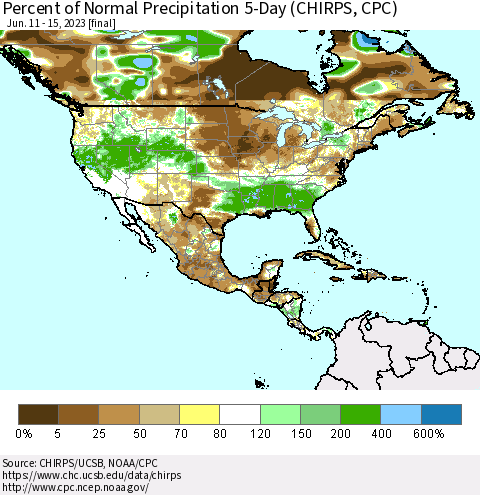 North America Percent of Normal Precipitation 5-Day (CHIRPS) Thematic Map For 6/11/2023 - 6/15/2023