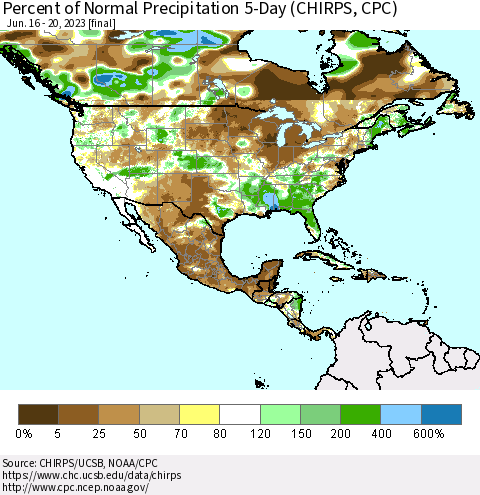 North America Percent of Normal Precipitation 5-Day (CHIRPS) Thematic Map For 6/16/2023 - 6/20/2023