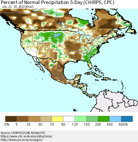 North America Percent of Normal Precipitation 5-Day (CHIRPS) Thematic Map For 6/21/2023 - 6/25/2023