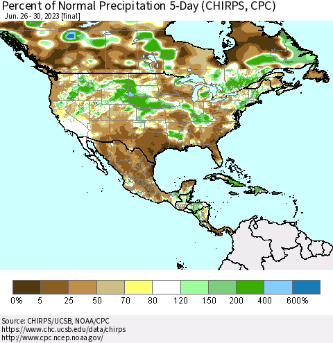 North America Percent of Normal Precipitation 5-Day (CHIRPS) Thematic Map For 6/26/2023 - 6/30/2023