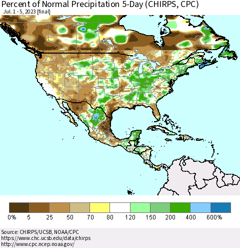 North America Percent of Normal Precipitation 5-Day (CHIRPS) Thematic Map For 7/1/2023 - 7/5/2023