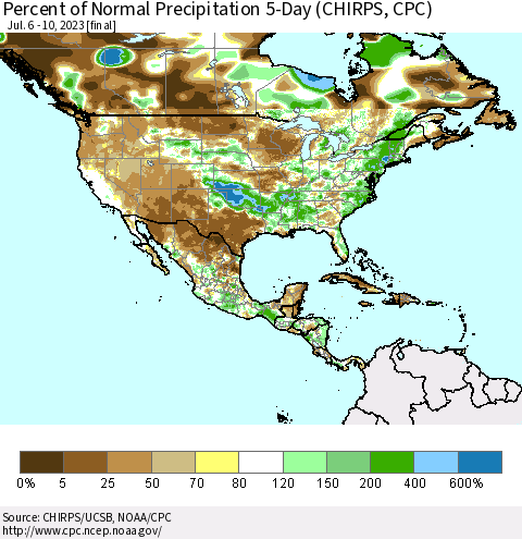 North America Percent of Normal Precipitation 5-Day (CHIRPS) Thematic Map For 7/6/2023 - 7/10/2023