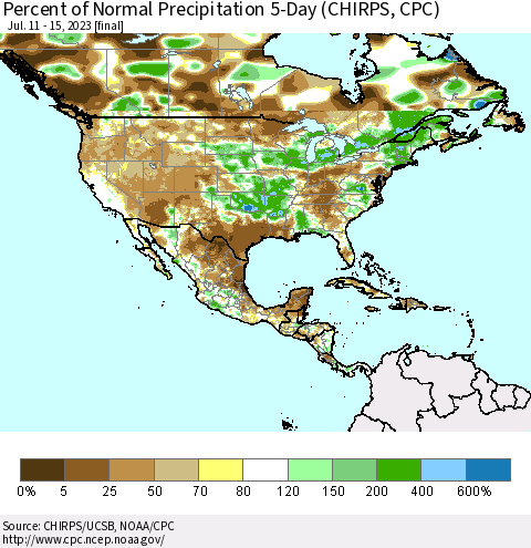 North America Percent of Normal Precipitation 5-Day (CHIRPS) Thematic Map For 7/11/2023 - 7/15/2023