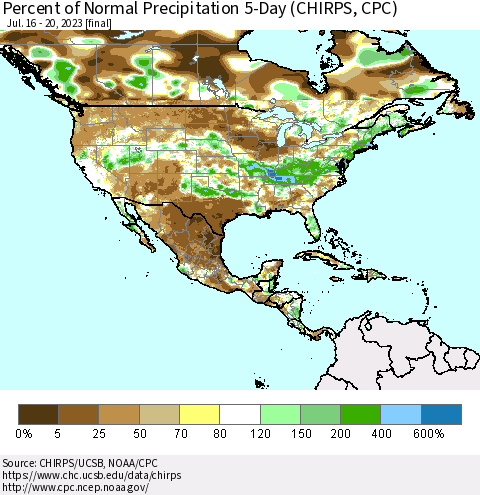 North America Percent of Normal Precipitation 5-Day (CHIRPS) Thematic Map For 7/16/2023 - 7/20/2023