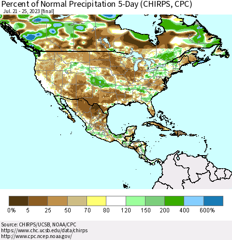 North America Percent of Normal Precipitation 5-Day (CHIRPS) Thematic Map For 7/21/2023 - 7/25/2023