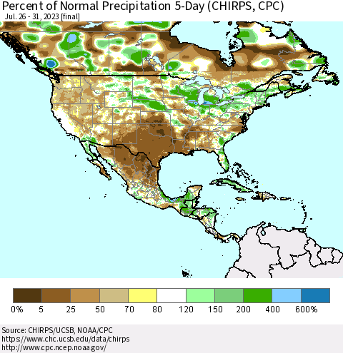 North America Percent of Normal Precipitation 5-Day (CHIRPS) Thematic Map For 7/26/2023 - 7/31/2023