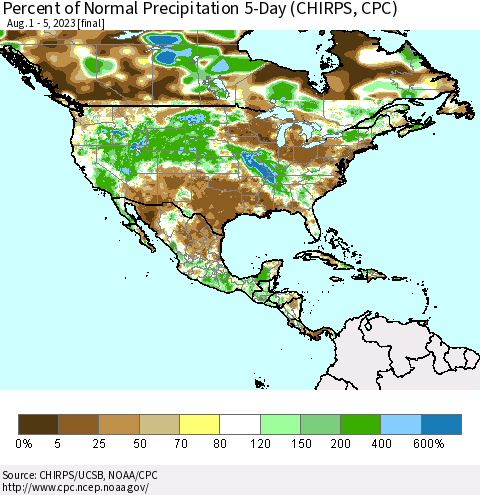 North America Percent of Normal Precipitation 5-Day (CHIRPS) Thematic Map For 8/1/2023 - 8/5/2023