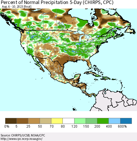 North America Percent of Normal Precipitation 5-Day (CHIRPS) Thematic Map For 8/6/2023 - 8/10/2023