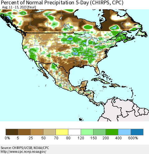 North America Percent of Normal Precipitation 5-Day (CHIRPS) Thematic Map For 8/11/2023 - 8/15/2023