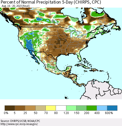 North America Percent of Normal Precipitation 5-Day (CHIRPS) Thematic Map For 8/16/2023 - 8/20/2023
