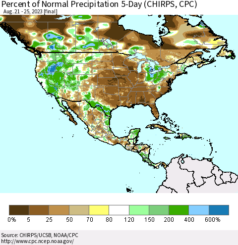 North America Percent of Normal Precipitation 5-Day (CHIRPS) Thematic Map For 8/21/2023 - 8/25/2023