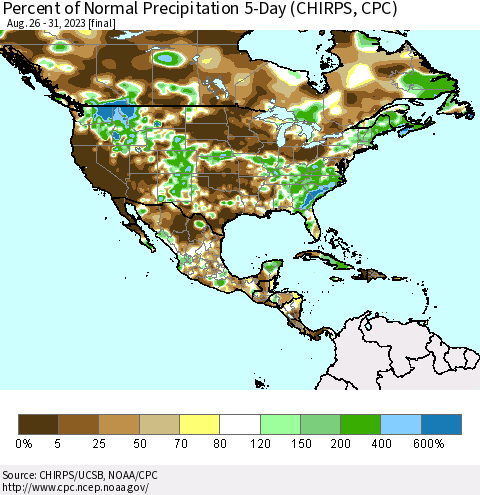North America Percent of Normal Precipitation 5-Day (CHIRPS) Thematic Map For 8/26/2023 - 8/31/2023