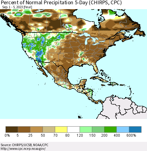 North America Percent of Normal Precipitation 5-Day (CHIRPS) Thematic Map For 9/1/2023 - 9/5/2023