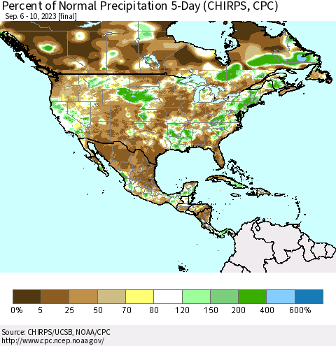 North America Percent of Normal Precipitation 5-Day (CHIRPS) Thematic Map For 9/6/2023 - 9/10/2023
